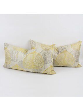 Silver Gray and Yellow Damask Floral Throw Pillows, a pair